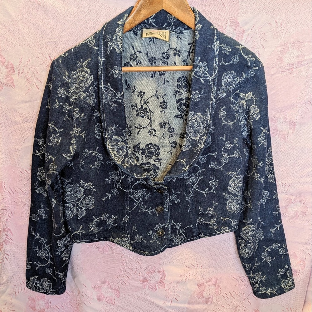 Vintage Blue Floral Denim Jacket 5/6 Western Cottagecore Jacquard Cropped Boho
